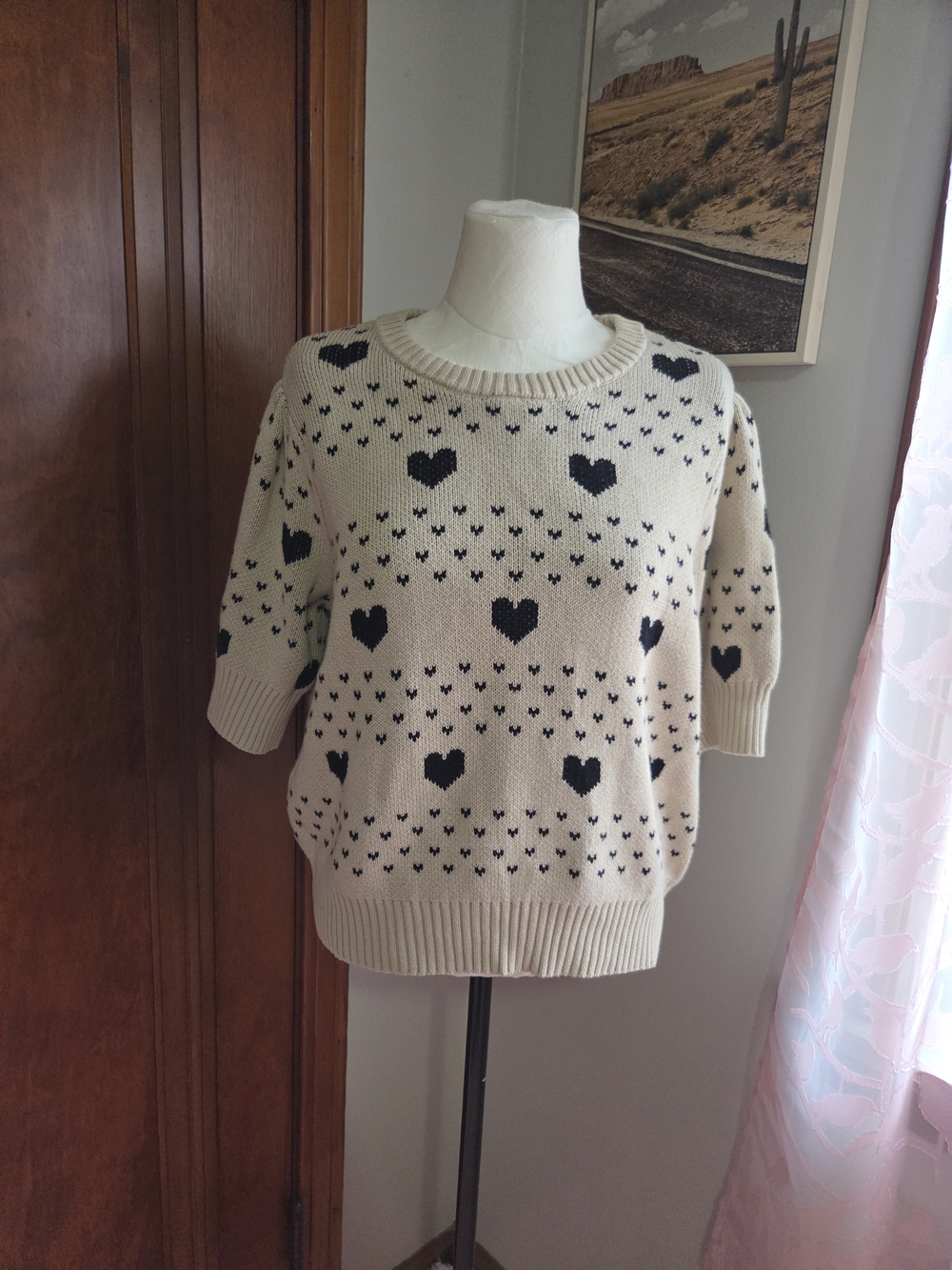 Universal Thread Cream Sweater with Black Heart Motif